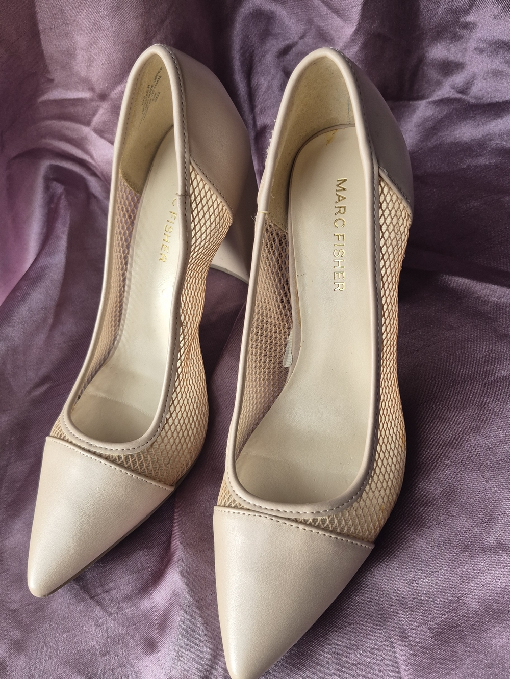 Marc Fisher "Dalta" Mesh & Leather Block Heel Pumps - Nude/Tan - Size 6